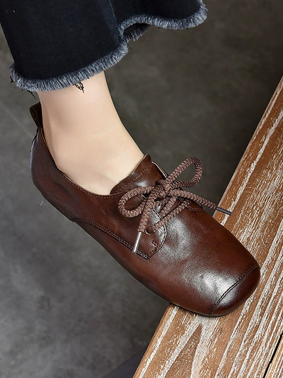 Women Vintage Genuine Leather Square-toe Low Heel Shoes