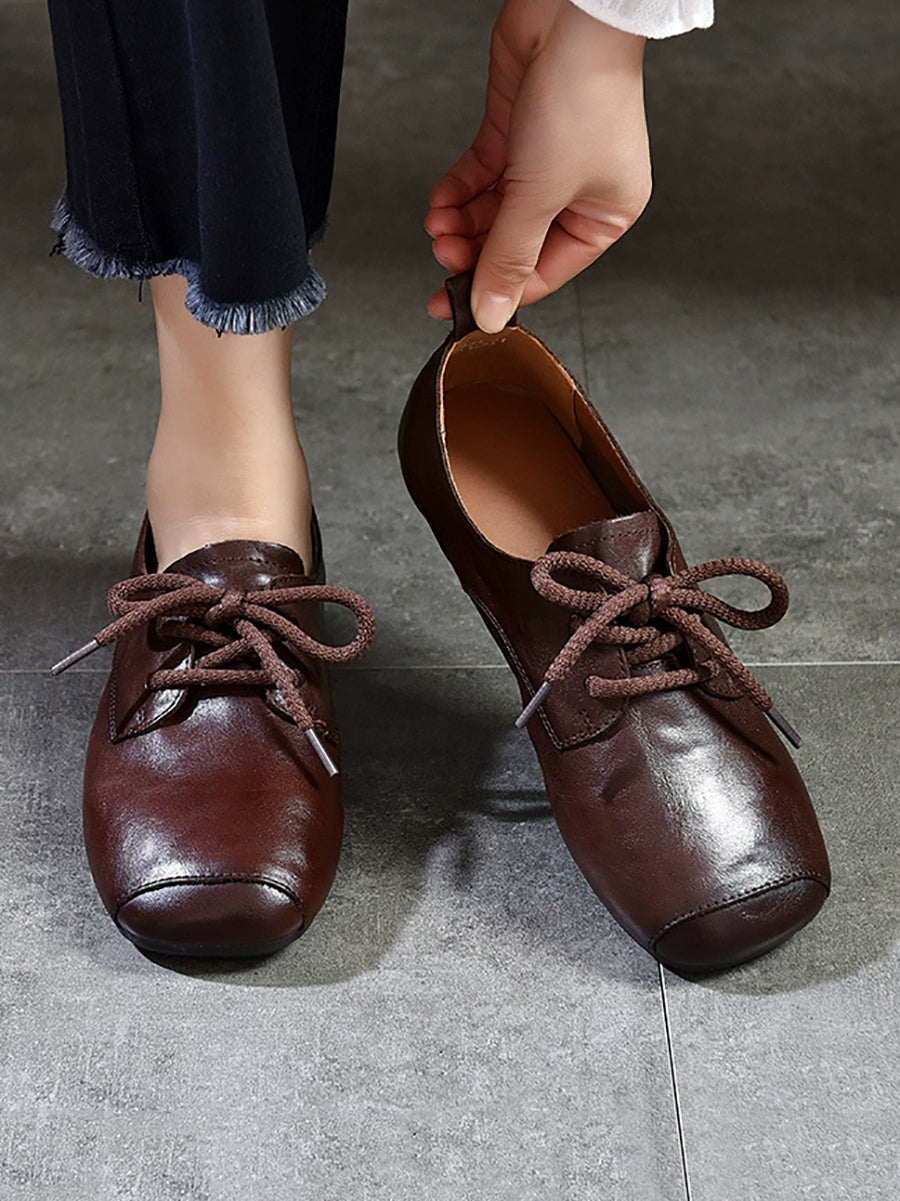 Women Vintage Genuine Leather Square-toe Low Heel Shoes