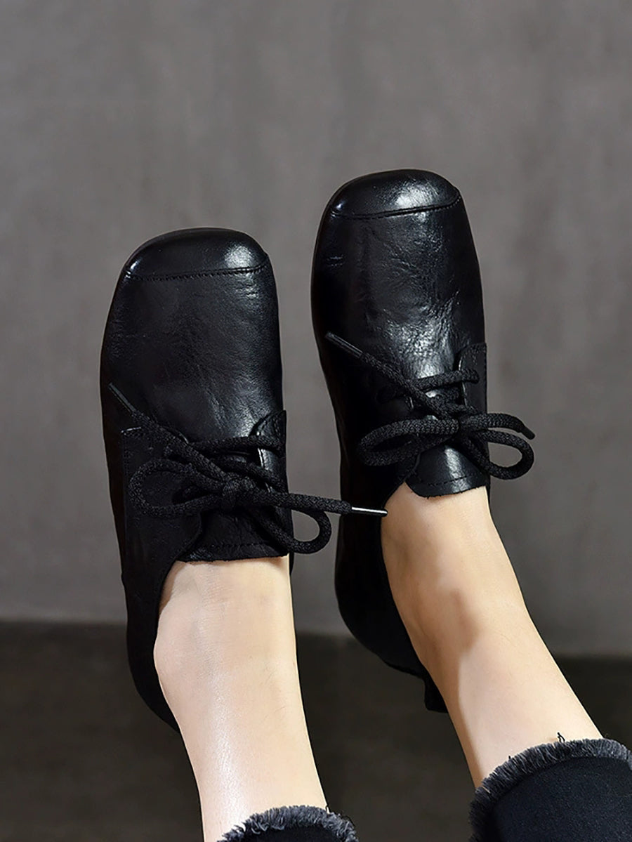 Women Vintage Genuine Leather Square-toe Low Heel Shoes