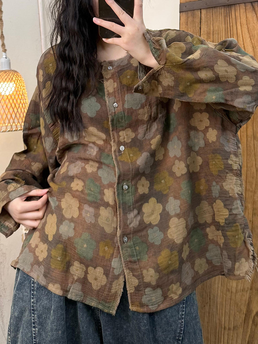 Women Autumn Vintage Flower O-Neck Cotton Coat