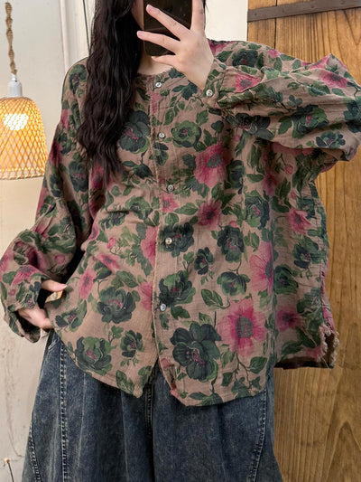 Women Autumn Vintage Flower O-Neck Cotton Coat