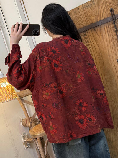 Women Autumn Vintage Flower O-Neck Cotton Coat
