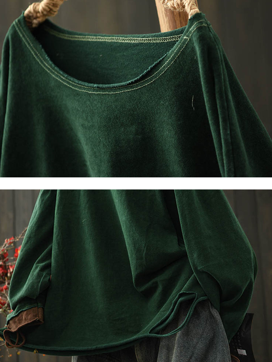 Women Retro Autumn Pure Color O-Neck Cotton Blouse