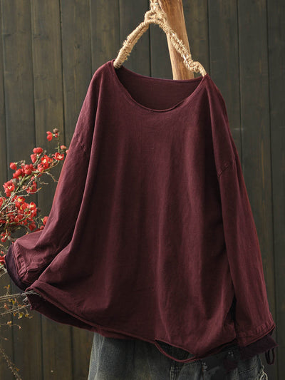 Women Retro Autumn Pure Color O-Neck Cotton Blouse