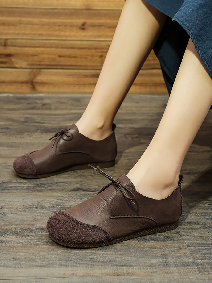 Women Retro Genuine Leather Spliced Flat Shoes