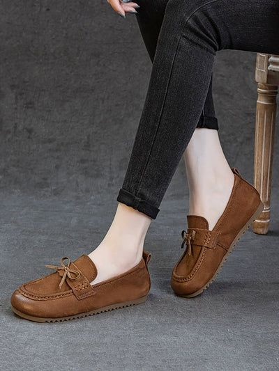 Women Retro Genuine Leather Pure Color Flat Shoes