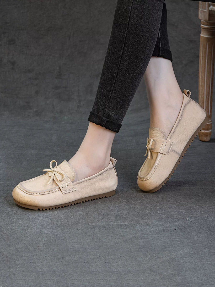 Women Retro Genuine Leather Pure Color Flat Shoes