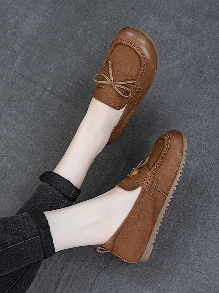 Women Retro Genuine Leather Pure Color Flat Shoes