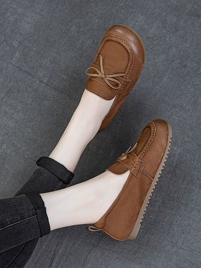 Women Retro Genuine Leather Pure Color Flat Shoes