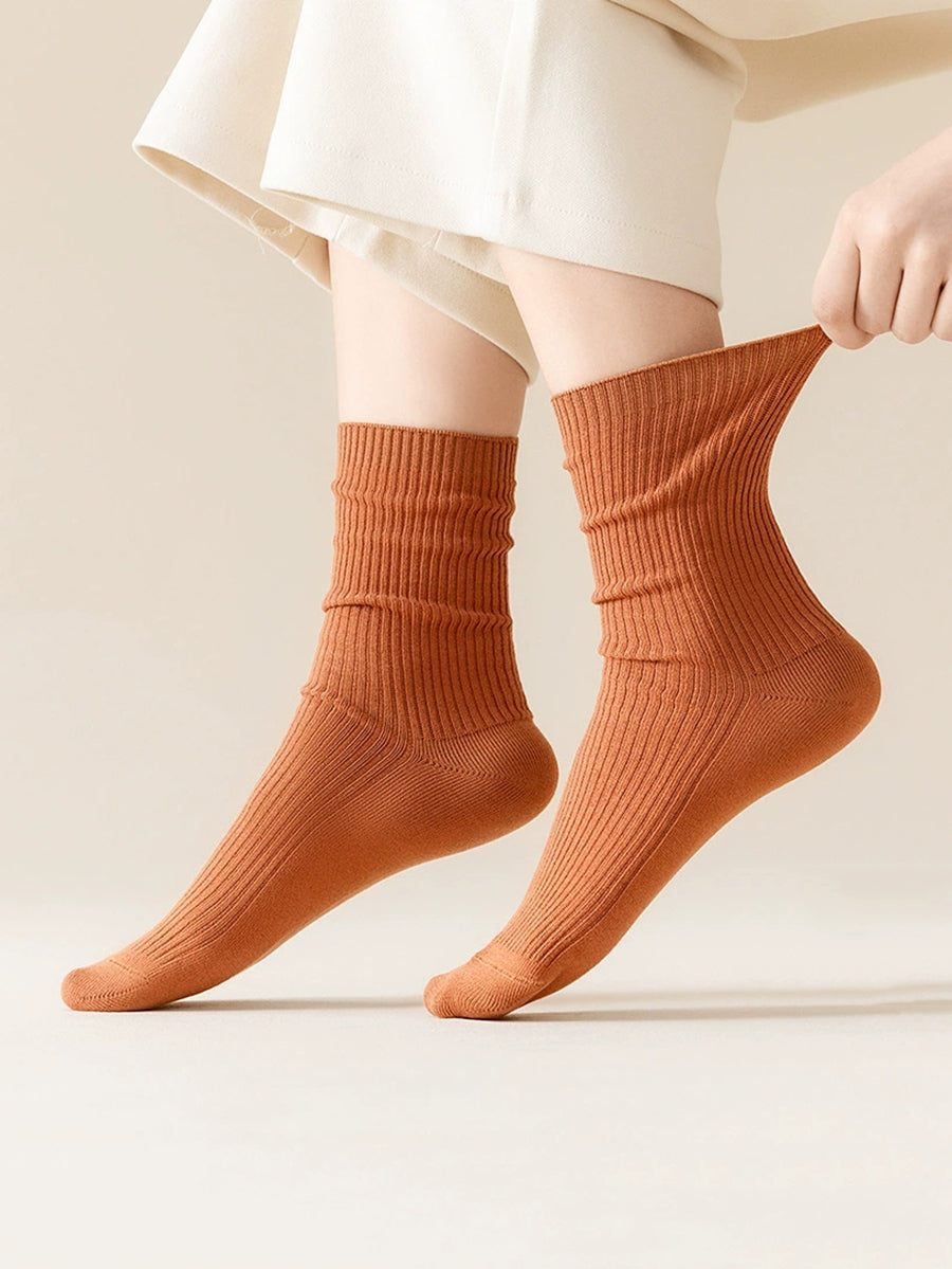 5 Pairs Women Casual Pure Color Mid-Heel Cotton Socks