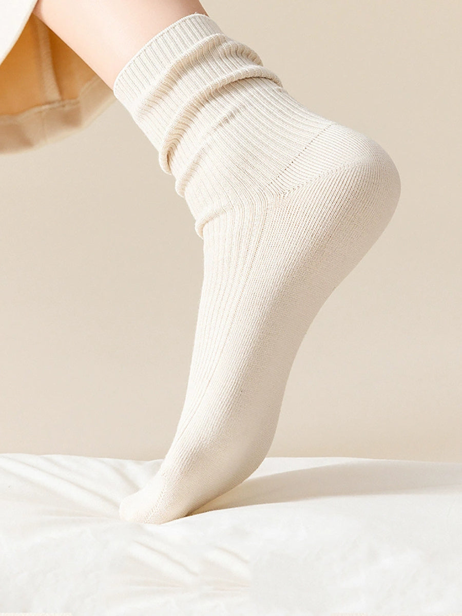 5 Pairs Women Casual Pure Color Mid-Heel Cotton Socks