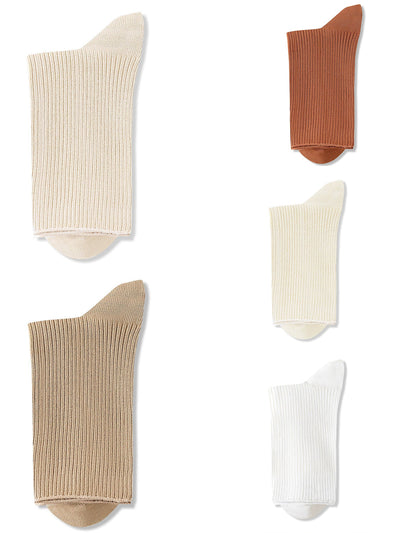 5 Pairs Women Casual Pure Color Mid-Heel Cotton Socks