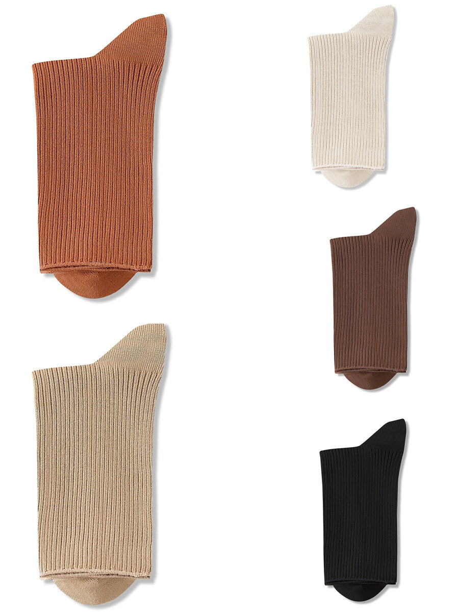 5 Pairs Women Casual Pure Color Mid-Heel Cotton Socks