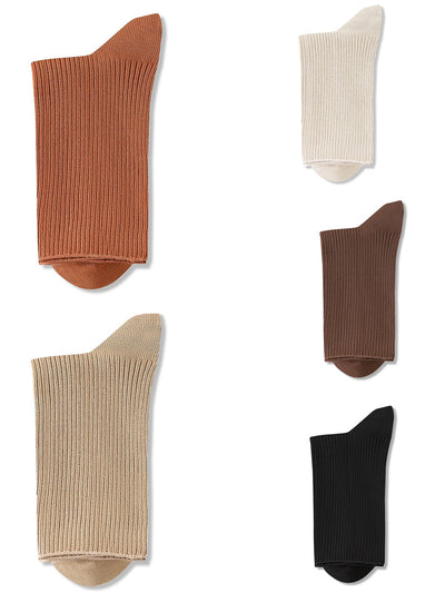 5 Pairs Women Casual Pure Color Mid-Heel Cotton Socks