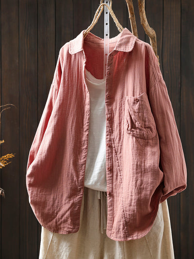 Women Retro Autumn Pure Color 100%Cotton Shirt
