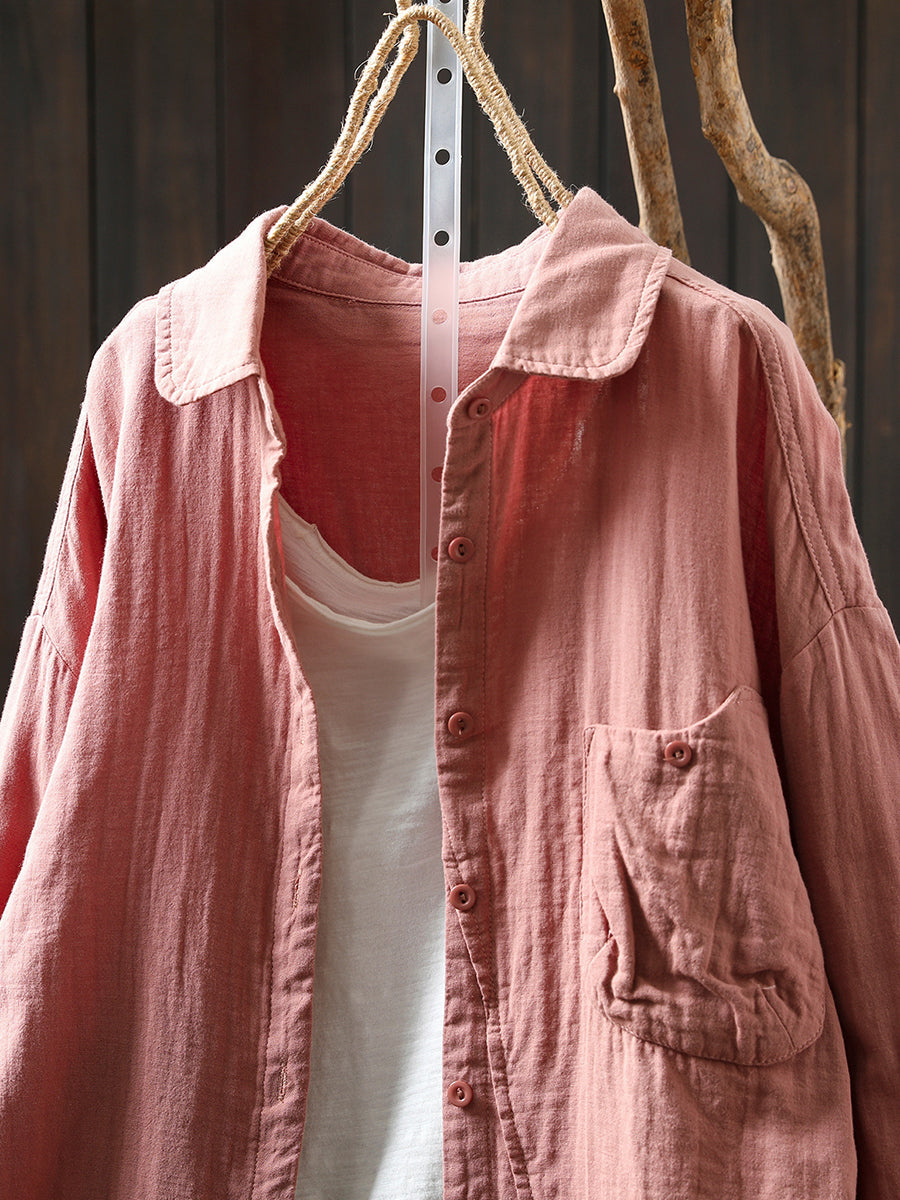 Women Retro Autumn Pure Color 100%Cotton Shirt
