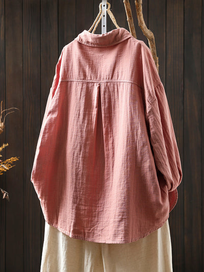 Women Retro Autumn Pure Color 100%Cotton Shirt