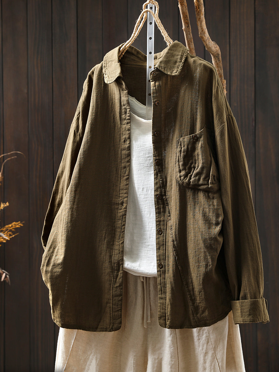 Women Retro Autumn Pure Color 100%Cotton Shirt