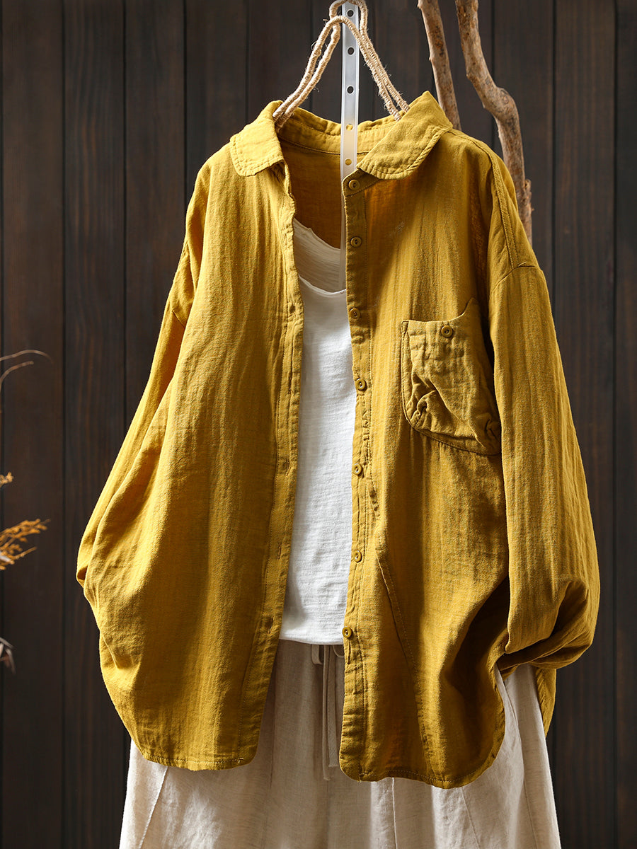 Women Retro Autumn Pure Color 100%Cotton Shirt