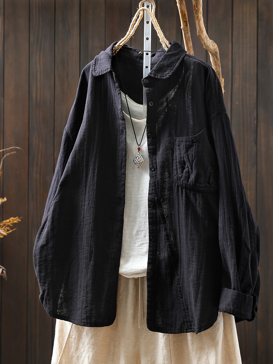 Women Retro Autumn Pure Color 100%Cotton Shirt