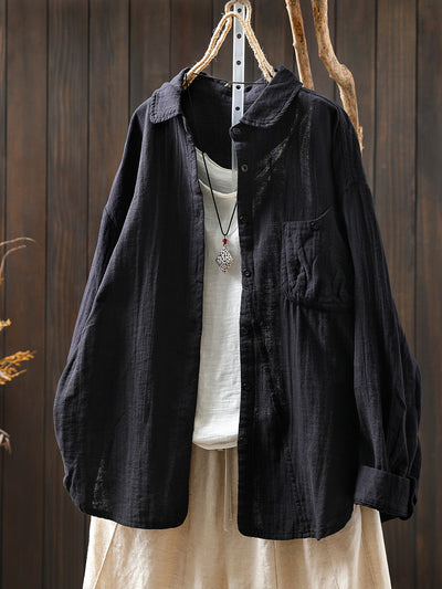 Women Retro Autumn Pure Color 100%Cotton Shirt