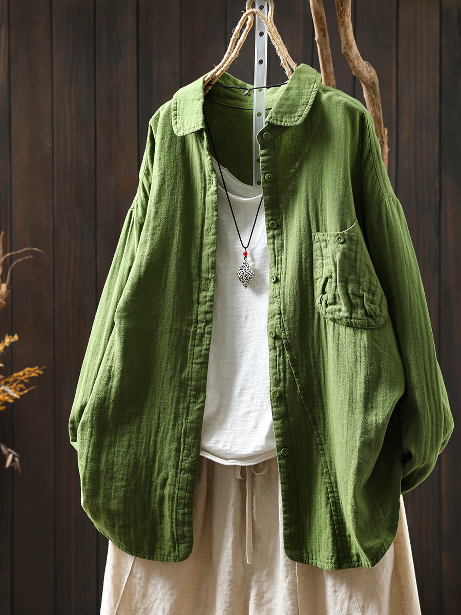 Women Retro Autumn Pure Color 100%Cotton Shirt