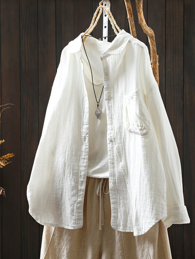 Women Retro Autumn Pure Color 100%Cotton Shirt