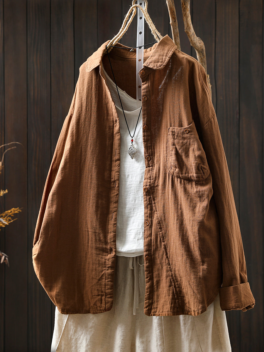 Women Retro Autumn Pure Color 100%Cotton Shirt