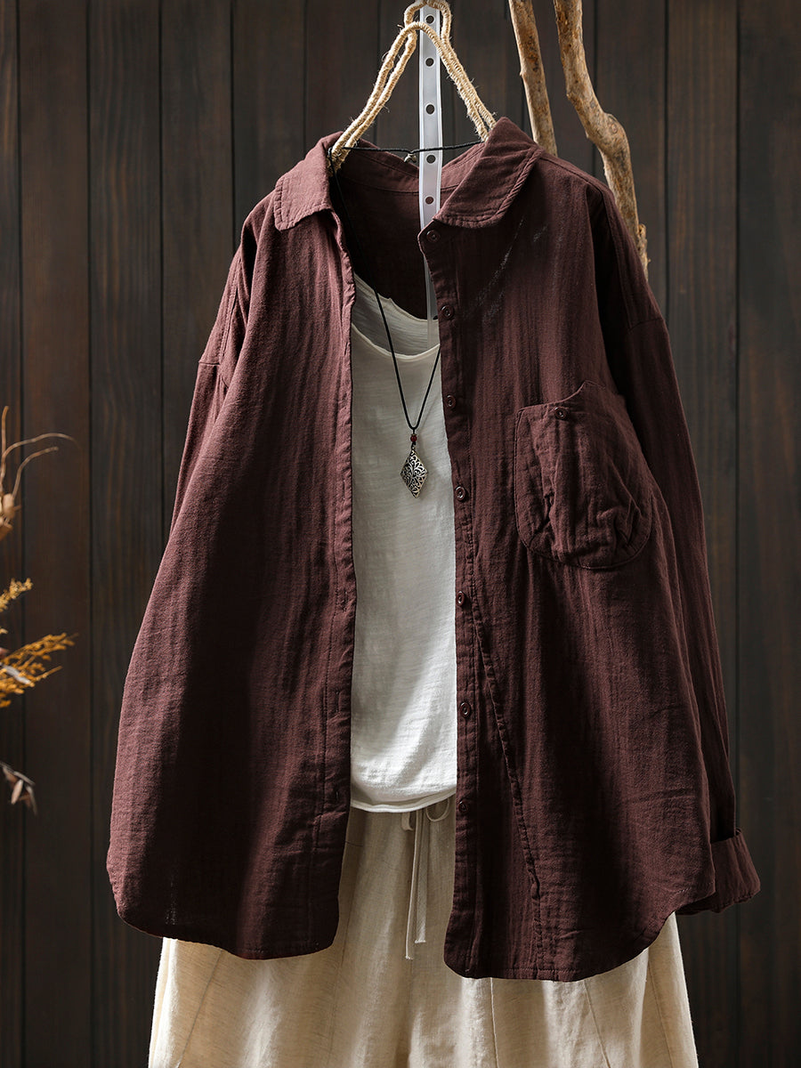 Women Retro Autumn Pure Color 100%Cotton Shirt