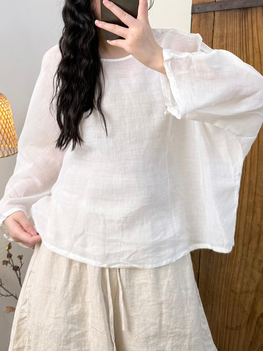 Women Artsy Pure Color Ramie O-Neck Long Sleeve Shirt