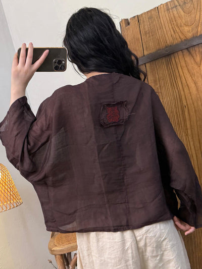 Women Artsy Pure Color Ramie O-Neck Long Sleeve Shirt