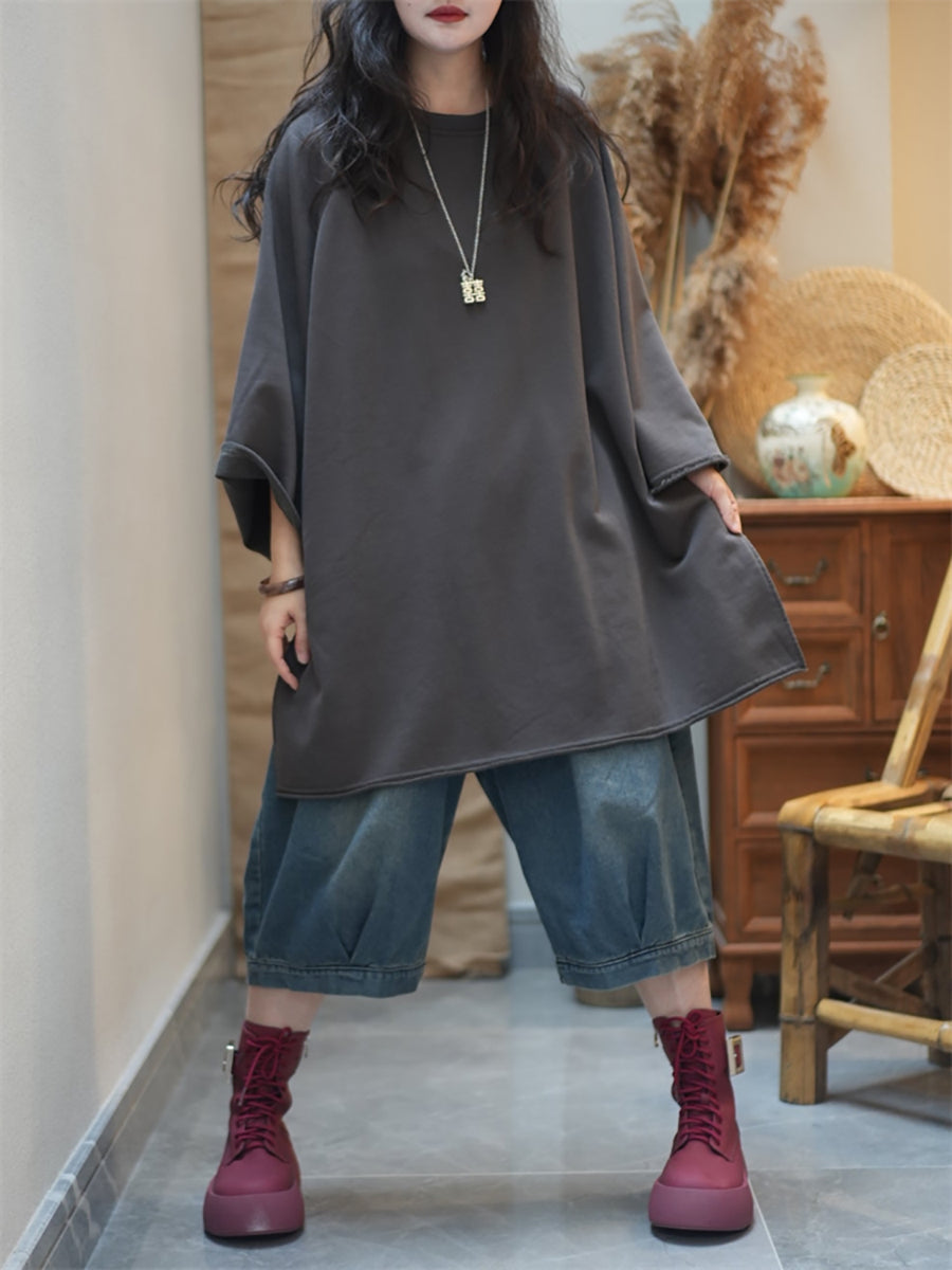 Women Autumn Casual Pure Color Cotton O-Neck Shirt