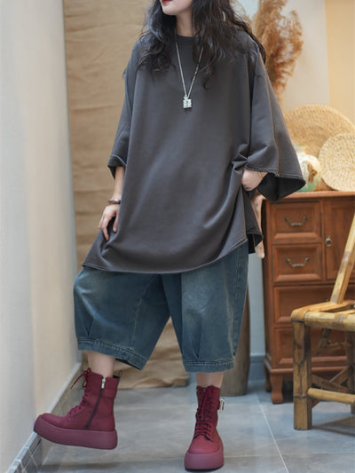 Women Autumn Casual Pure Color Cotton O-Neck Shirt