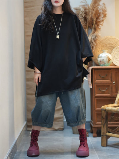 Women Autumn Casual Pure Color Cotton O-Neck Shirt