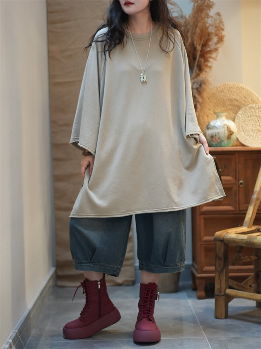 Women Autumn Casual Pure Color Cotton O-Neck Shirt