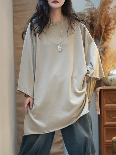 Women Autumn Casual Pure Color Cotton O-Neck Shirt