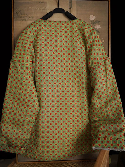 Women Autumn Ethnic Dot Ramie O-Neck Padded Coat