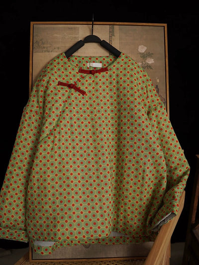 Women Autumn Ethnic Dot Ramie O-Neck Padded Coat