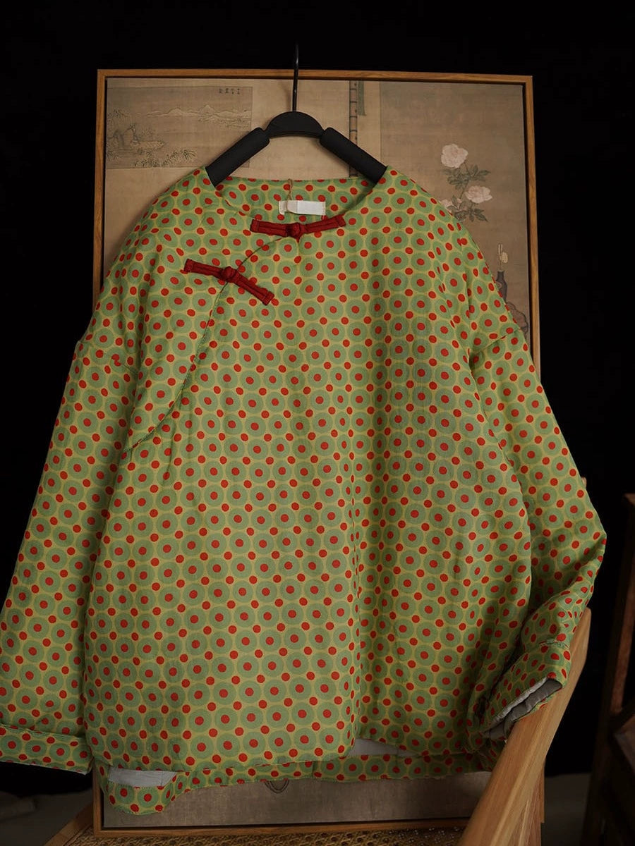 Women Autumn Ethnic Dot Ramie O-Neck Padded Coat