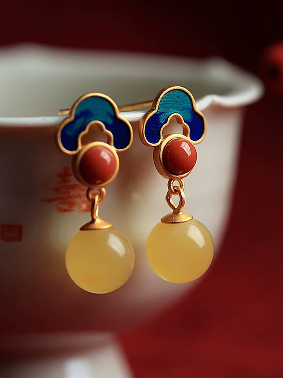 Women Vintage S925Silver Jade Enamel Agate Earrings