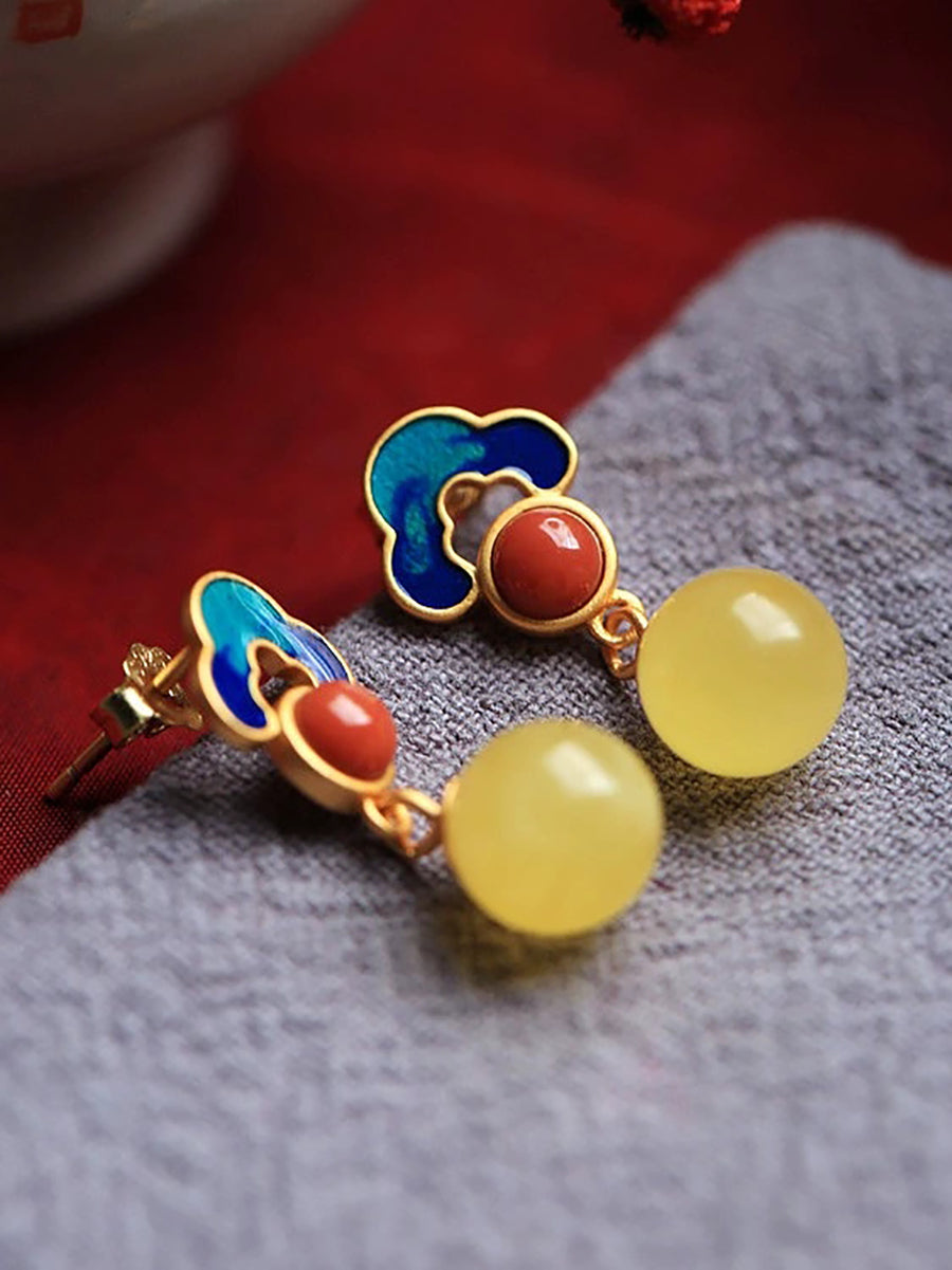 Women Vintage S925Silver Jade Enamel Agate Earrings