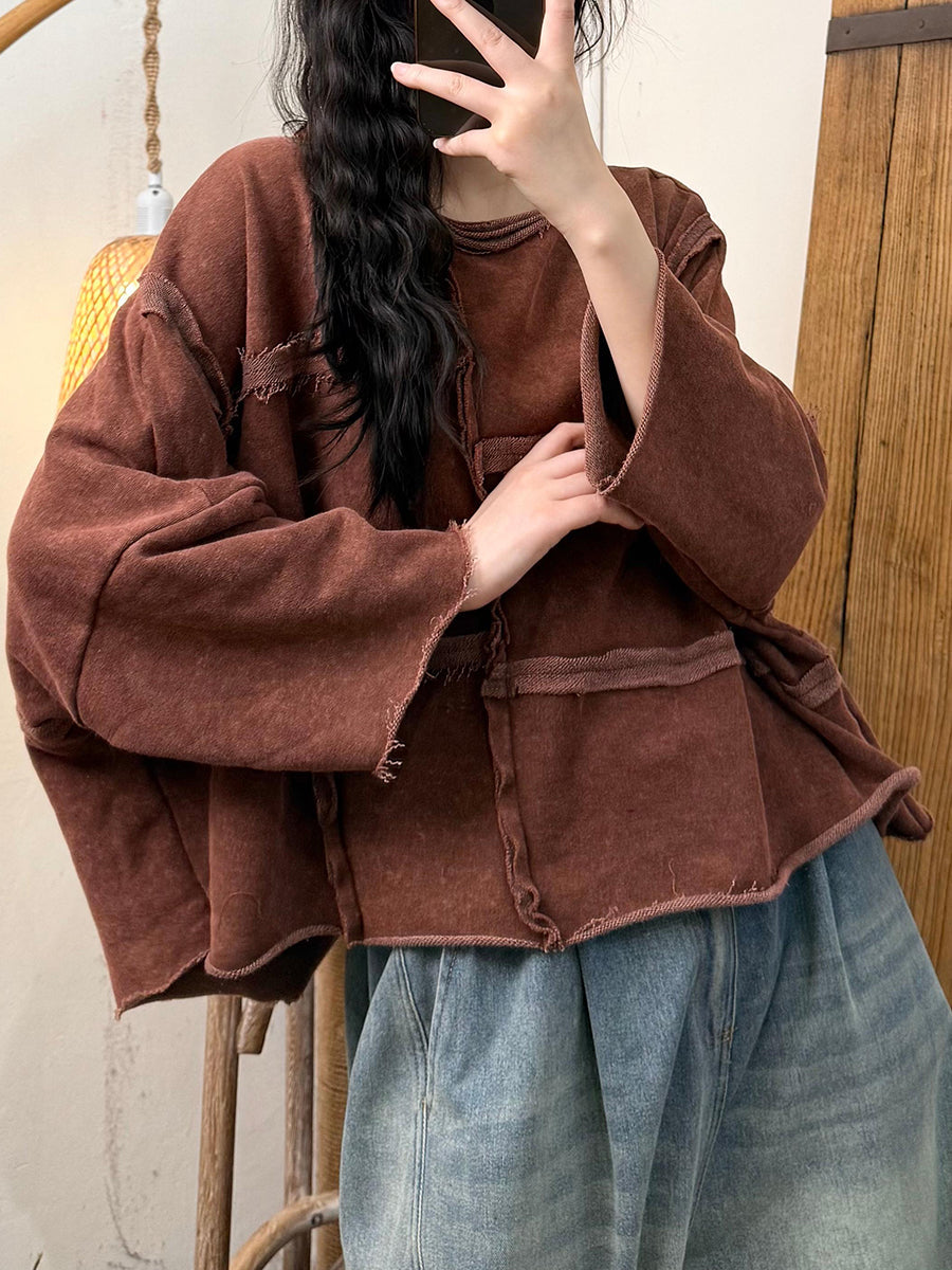 Women Autumn Retro Pure Color Spliced Cotton O-Neck Blouse