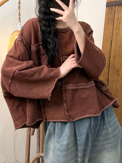 Women Autumn Retro Pure Color Spliced Cotton O-Neck Blouse