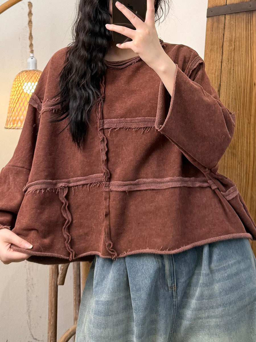 Women Autumn Retro Pure Color Spliced Cotton O-Neck Blouse