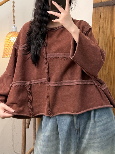 Women Autumn Retro Pure Color Spliced Cotton O-Neck Blouse