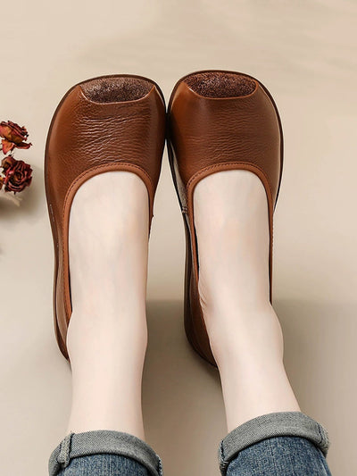Women Autumn Genuine Leather Sqaure Collar Flat Shoes