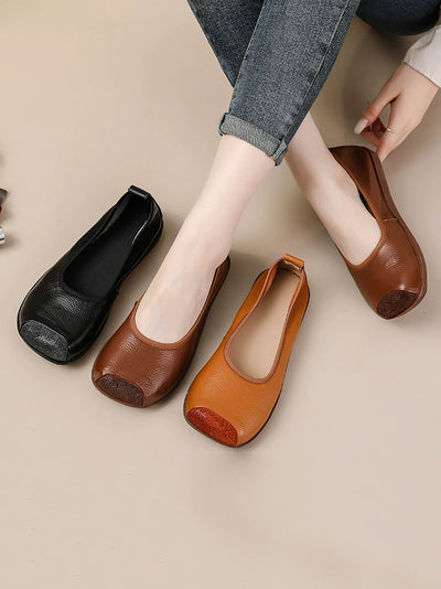 Women Autumn Genuine Leather Sqaure Collar Flat Shoes