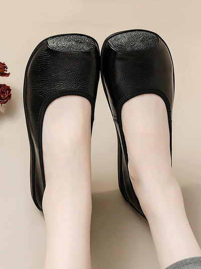 Women Autumn Genuine Leather Sqaure Collar Flat Shoes