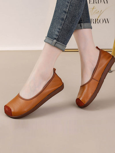 Women Autumn Genuine Leather Sqaure Collar Flat Shoes
