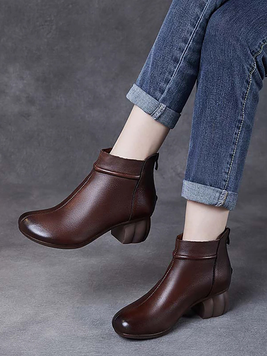Women Vintage Genuine Leather Mid Heel Ankle Boots